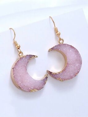 Gold-Dipped Druzy Style Crescent Moon Dangle Earrings